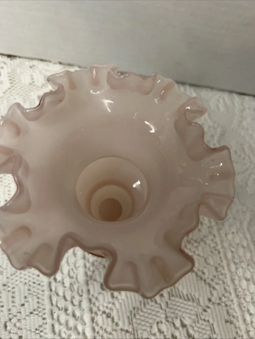 Fenton Glass Pink Melon Overlay Vase Ruffle Top 6.25